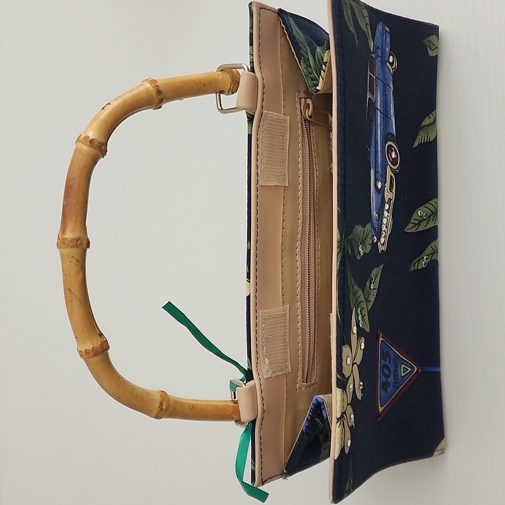 Tropical Print Handbag with Bamboo Handle. (vintage blue car). Never Used. - Picture 3 of 4